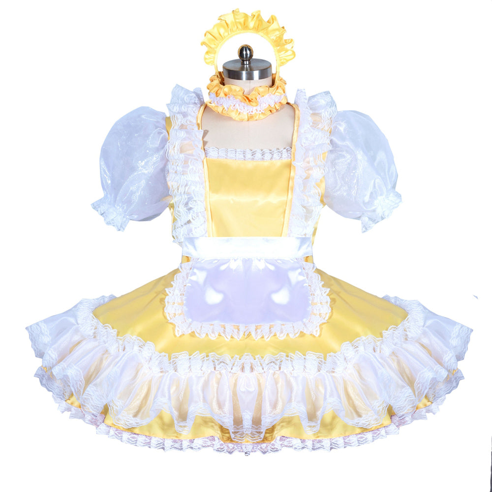 Yellow sissy maid dress with white lace, puffy sleeves, and matching headpiece on mannequin