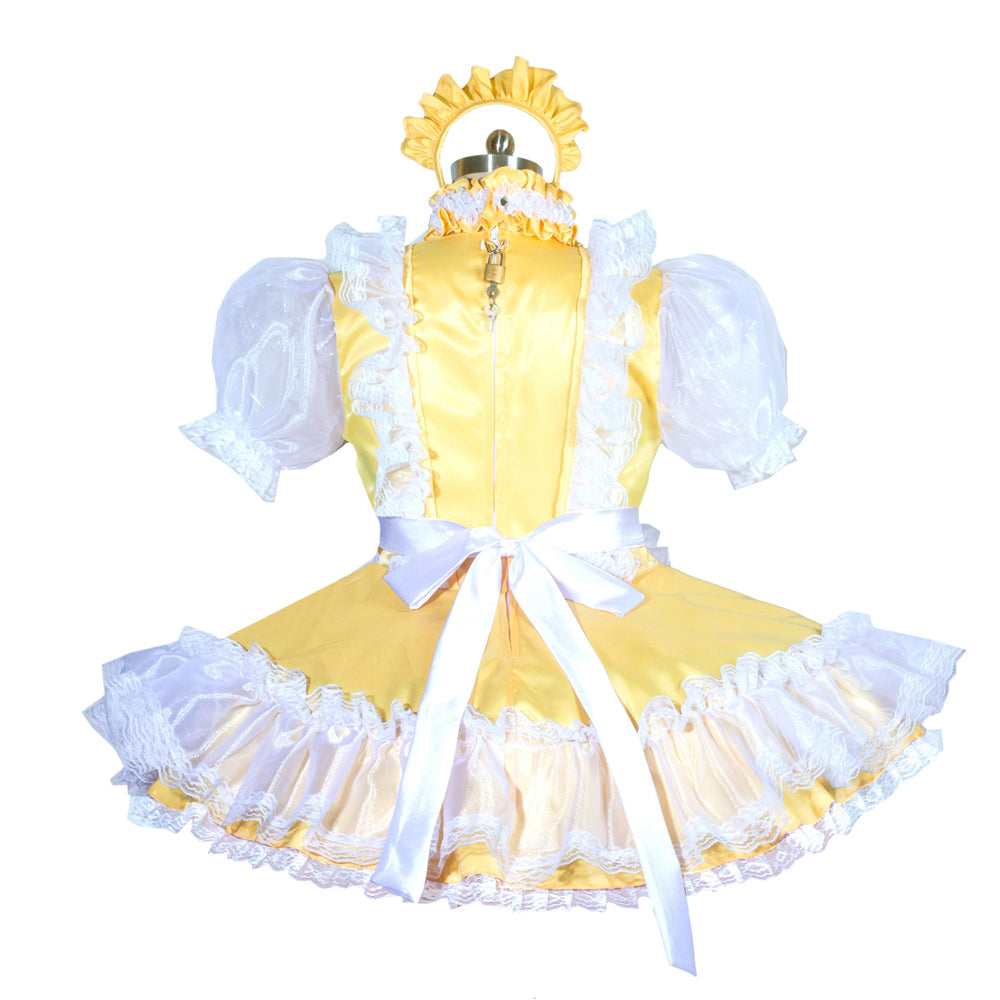 Yellow sissy maid dress with white lace, puffy sleeves, and back bow, displayed on mannequin