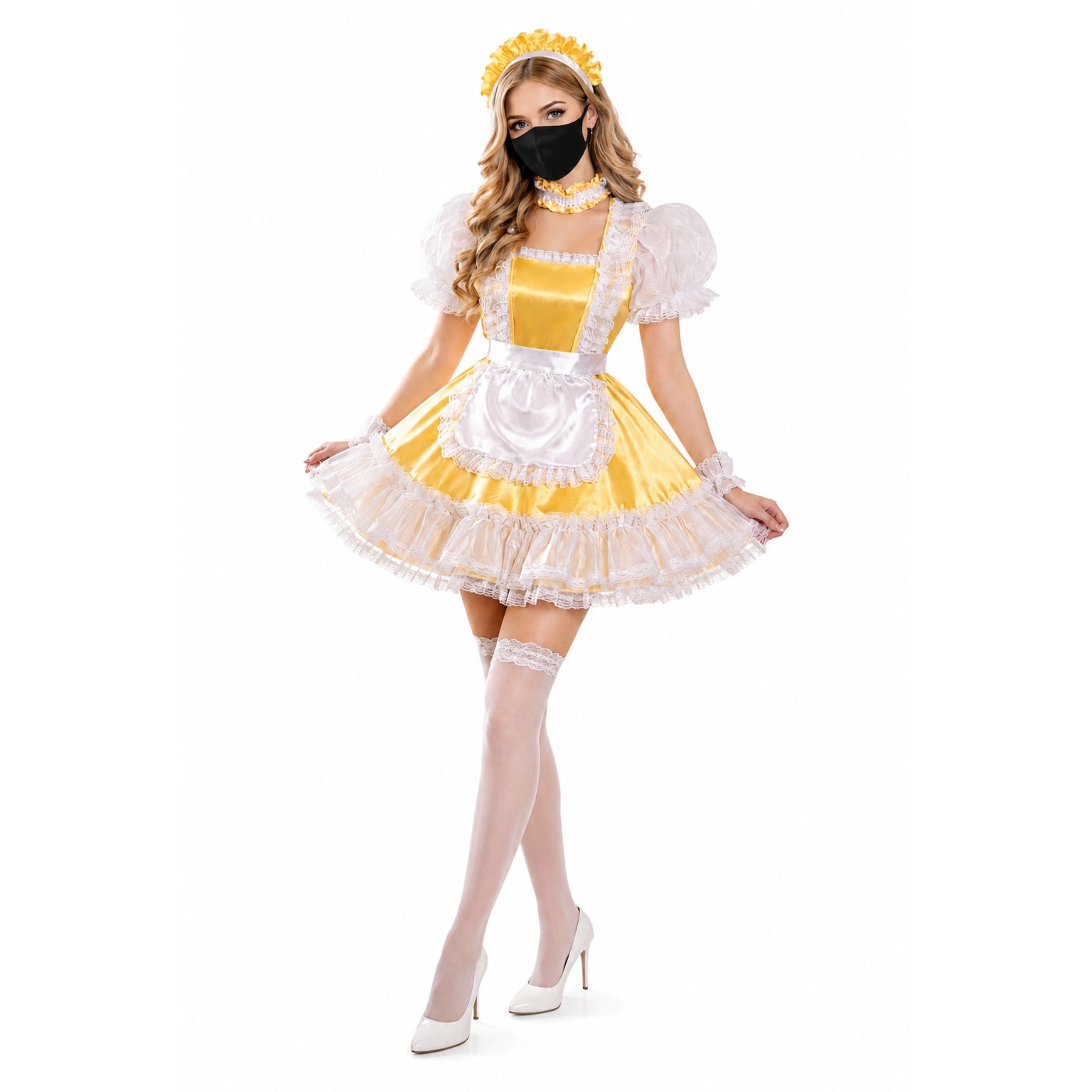 Yellow sissy maid dress with white lace, apron, and matching headband for costume fashion