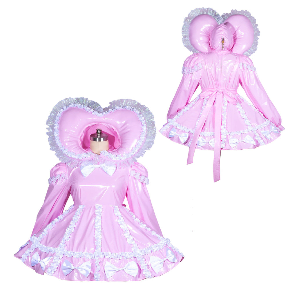 Pink sissy maid dress with heart hood, white bows, and ruffles, shown front and back