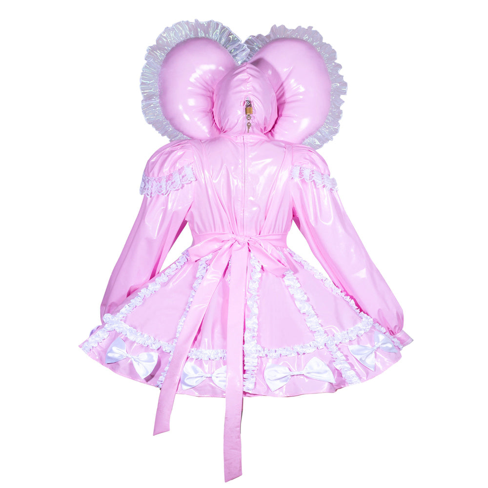 Pink PVC sissy maid dress with ruffles, bows, and hooded back view