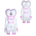 White PVC sissy maid dress with pink ruffles, heart hood, and front lock