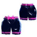 Black PVC sissy maid shorts with pink ruffles and bow, boutique costume fashion