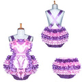 Pink and purple sissy maid dress set with ruffles, bows, and suspenders on mannequin