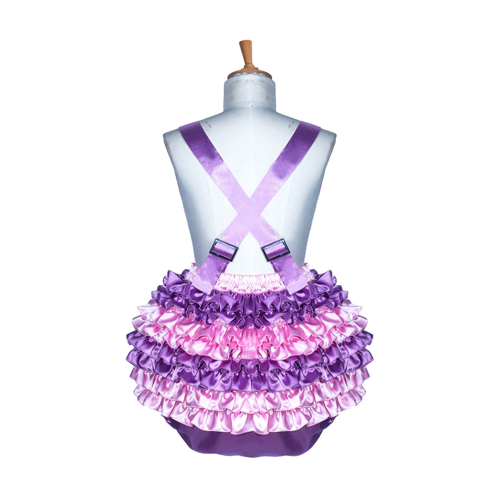 Purple and pink ruffled sissy maid dress with satin straps on mannequin