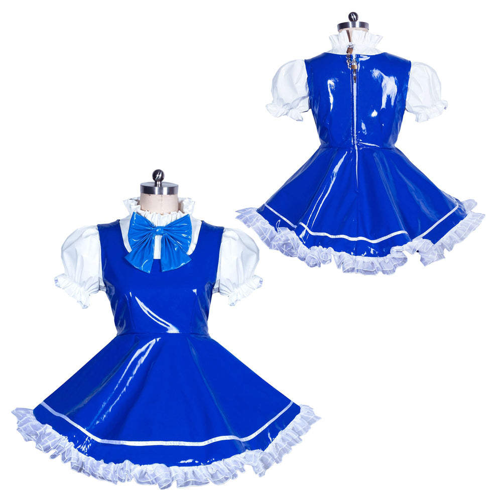 Blue PVC sissy maid dress with white ruffles and bow, front and back view on mannequin