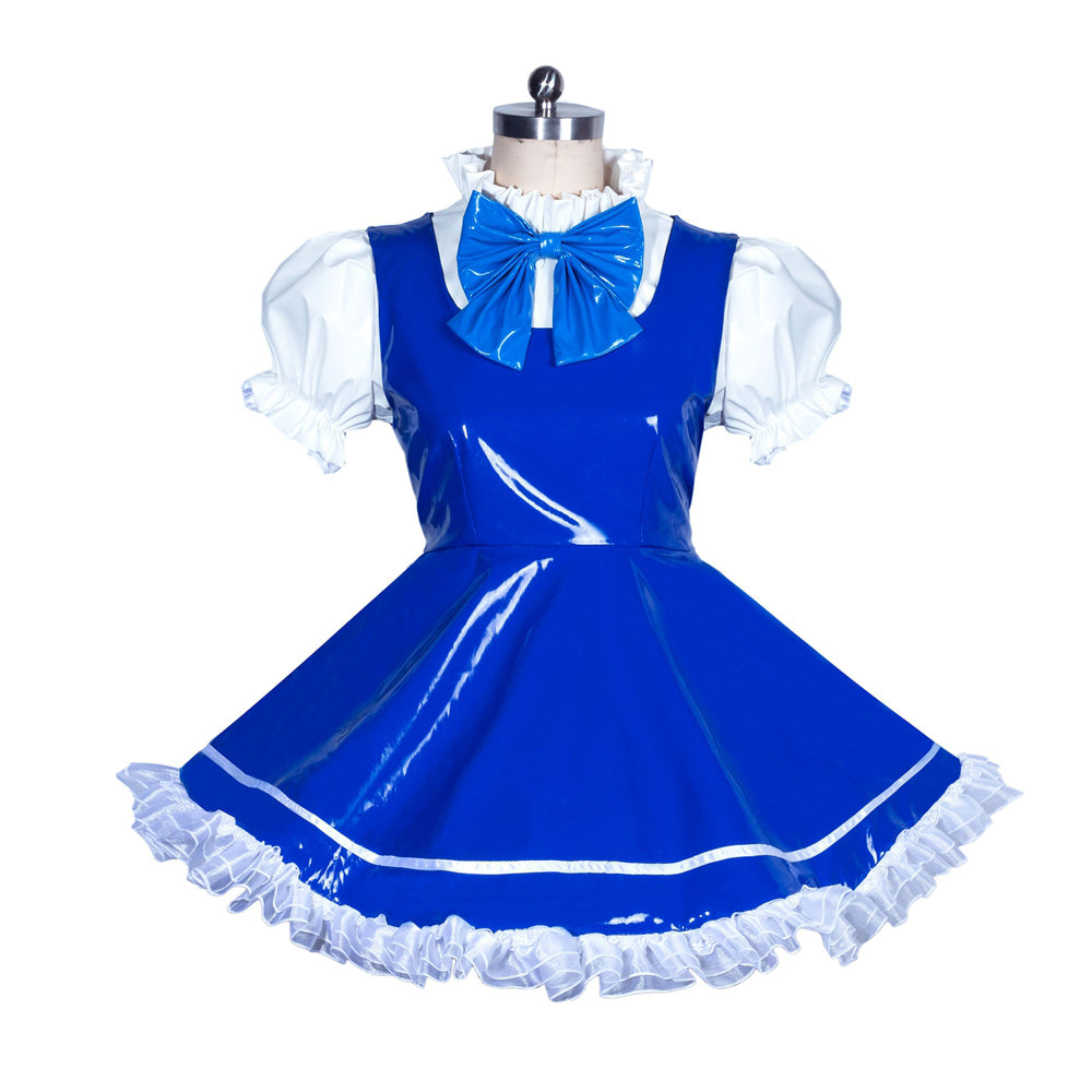 Blue PVC sissy maid dress with white ruffles and bow, French-style costume fashion