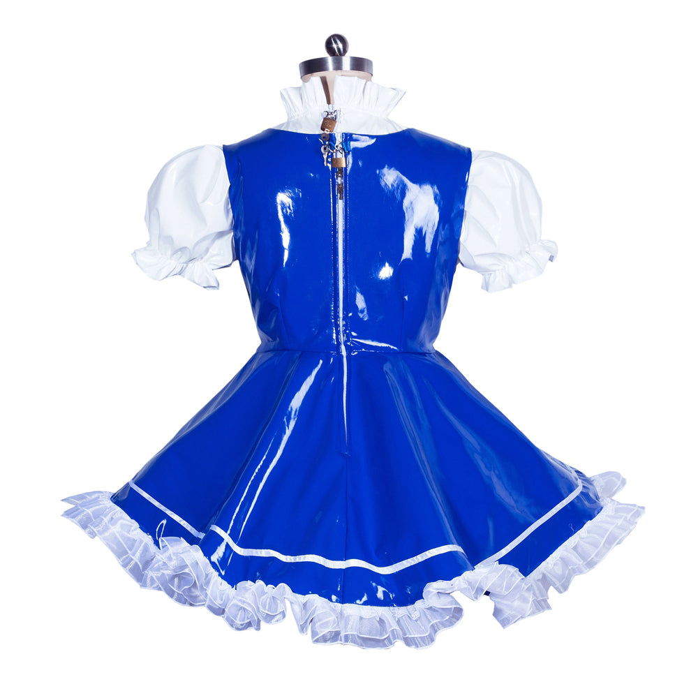 Blue PVC sissy maid dress with white ruffles and puff sleeves, lockable back zipper