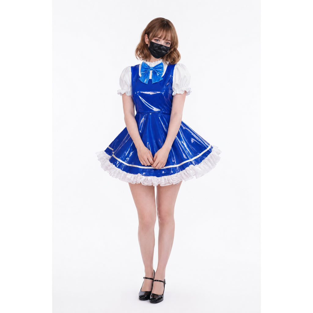 Blue PVC sissy maid dress with white ruffles, bow, and puffed sleeves, paired with black heels.
