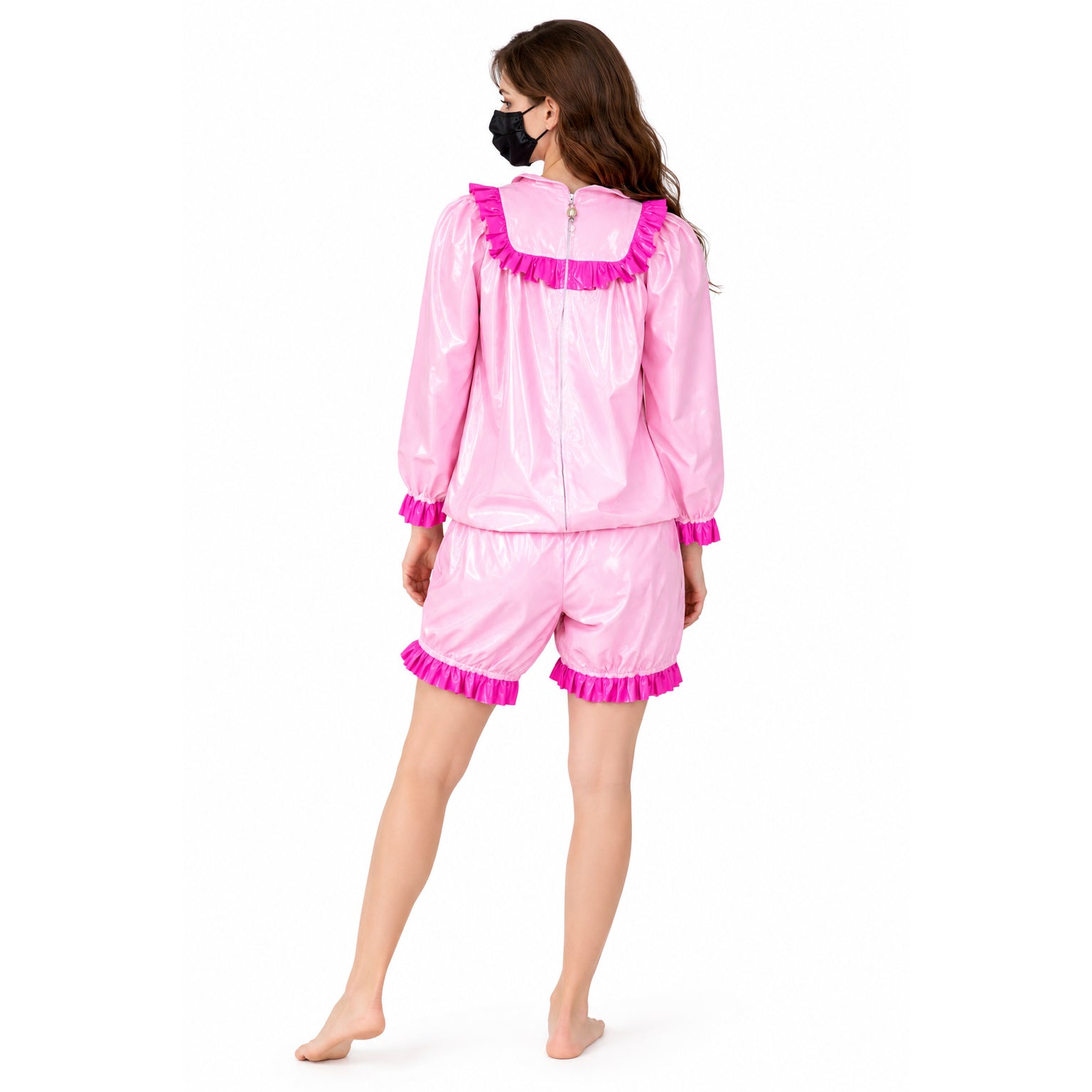 Baby Pink Thin PVC Blouse & Shorts Set G3908