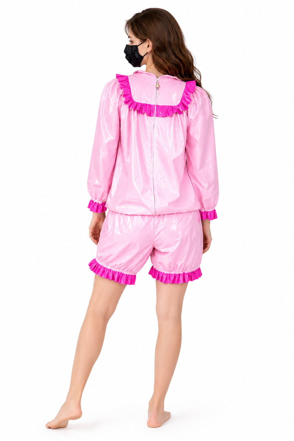 Baby Pink Thin PVC Blouse & Shorts Set G3908