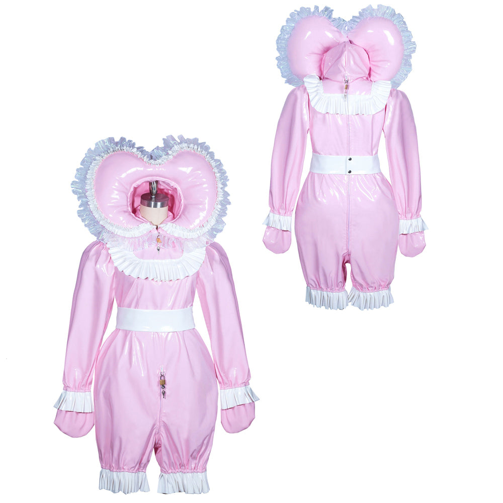 Pink sissy maid dress with heart hood, ruffles, and lockable front, crafted in glossy PVC