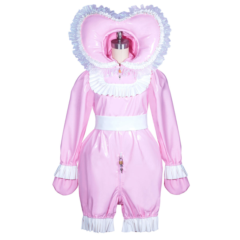 Pink sissy maid dress with heart hood, white ruffles, and lockable front zipper
