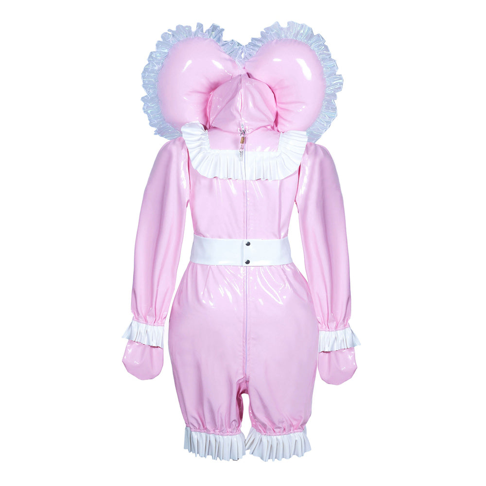 Pink sissy maid dress with ruffles, PVC material, and heart-shaped hood