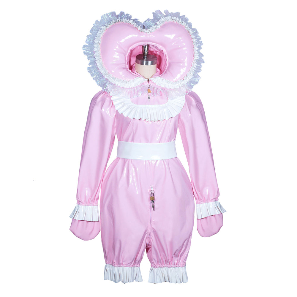 Pink sissy maid dress with heart hood, white ruffles, and lockable front zipper