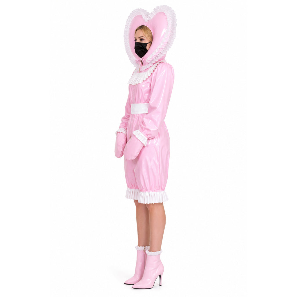 Pink sissy maid dress with heart hood, white ruffles, and matching boots