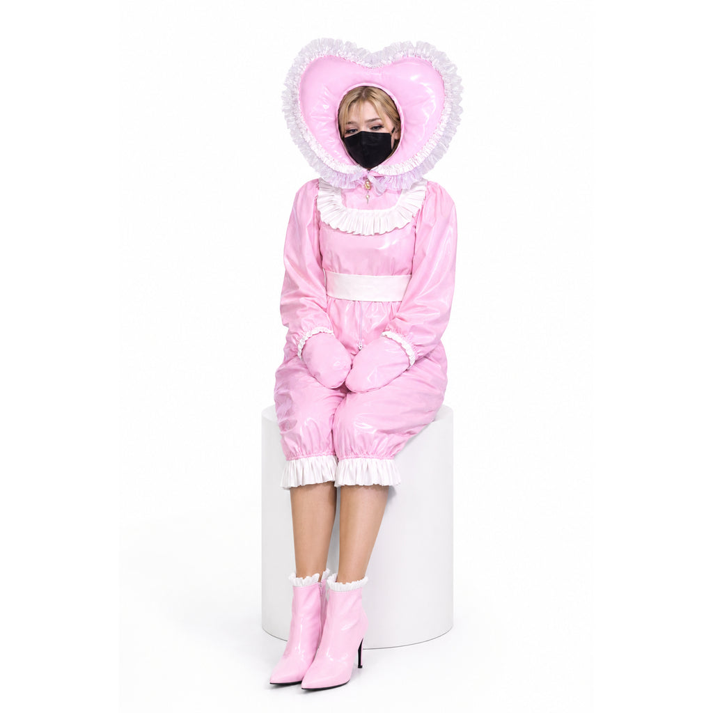 Pink sissy maid dress with heart hood, ruffles, and matching boots, styled for boutique fashion.