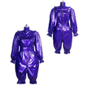 Shiny purple sissy maid dress with ruffles, long sleeves, and front zipper, displayed on mannequin