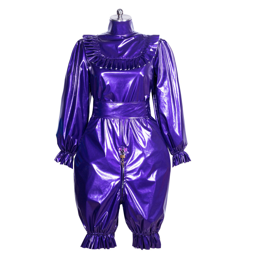 Purple PVC sissy maid dress with ruffled collar, long sleeves, and front zipper