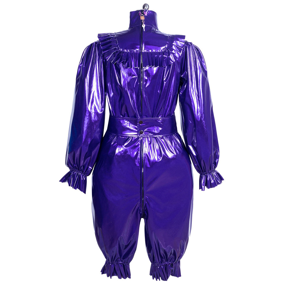 Purple PVC sissy maid dress with ruffles, long sleeves, and back zipper
