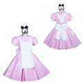 Pink sissy maid dress with white apron, bow headband, and shiny PVC fabric, front and back view