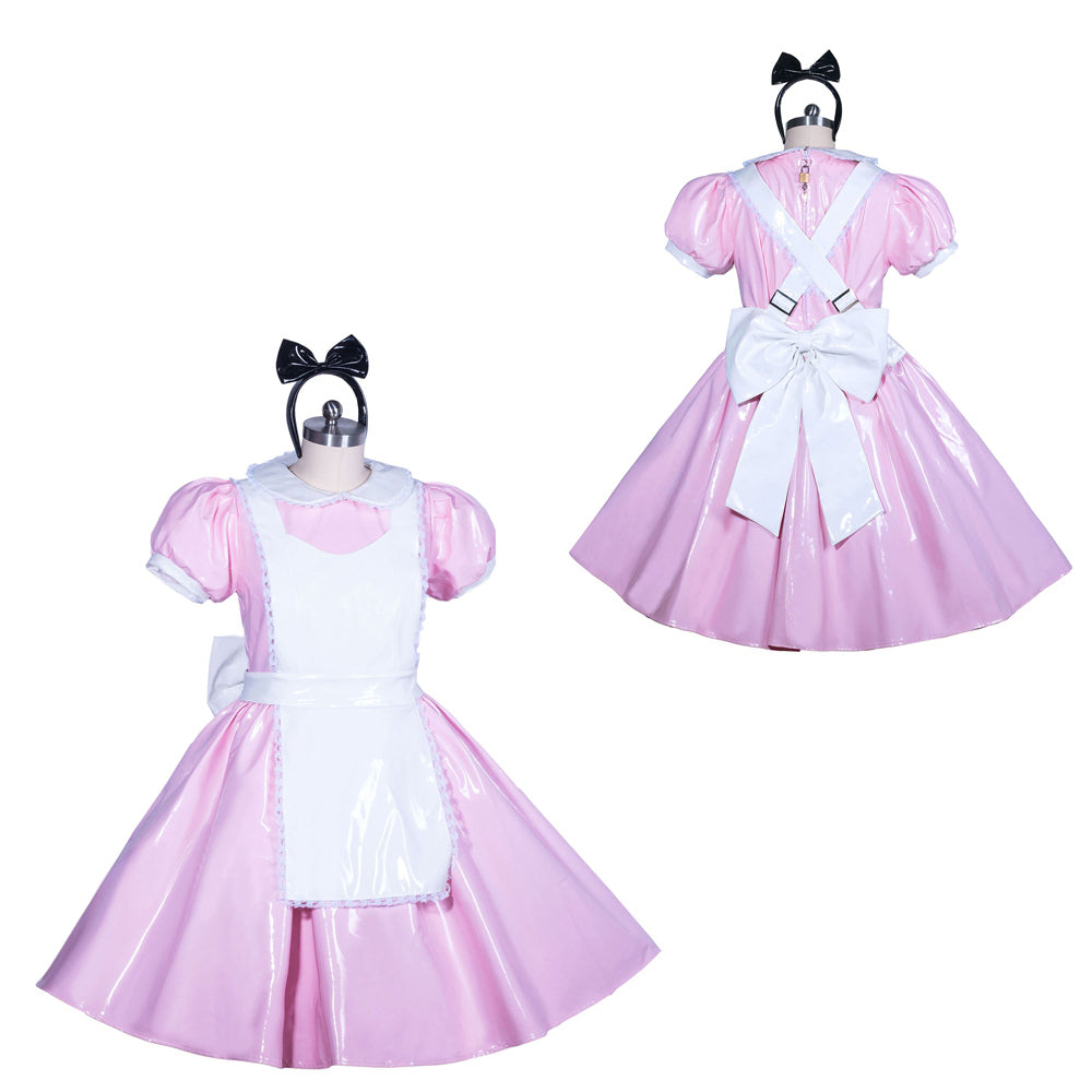 Pink sissy maid dress with white apron, bow headband, and shiny PVC fabric, front and back view