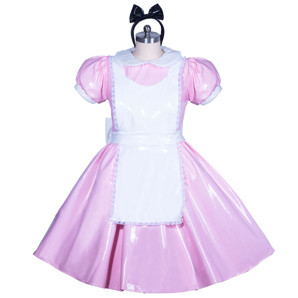 Pink PVC sissy maid dress with white apron, puffed sleeves, and black bow headband