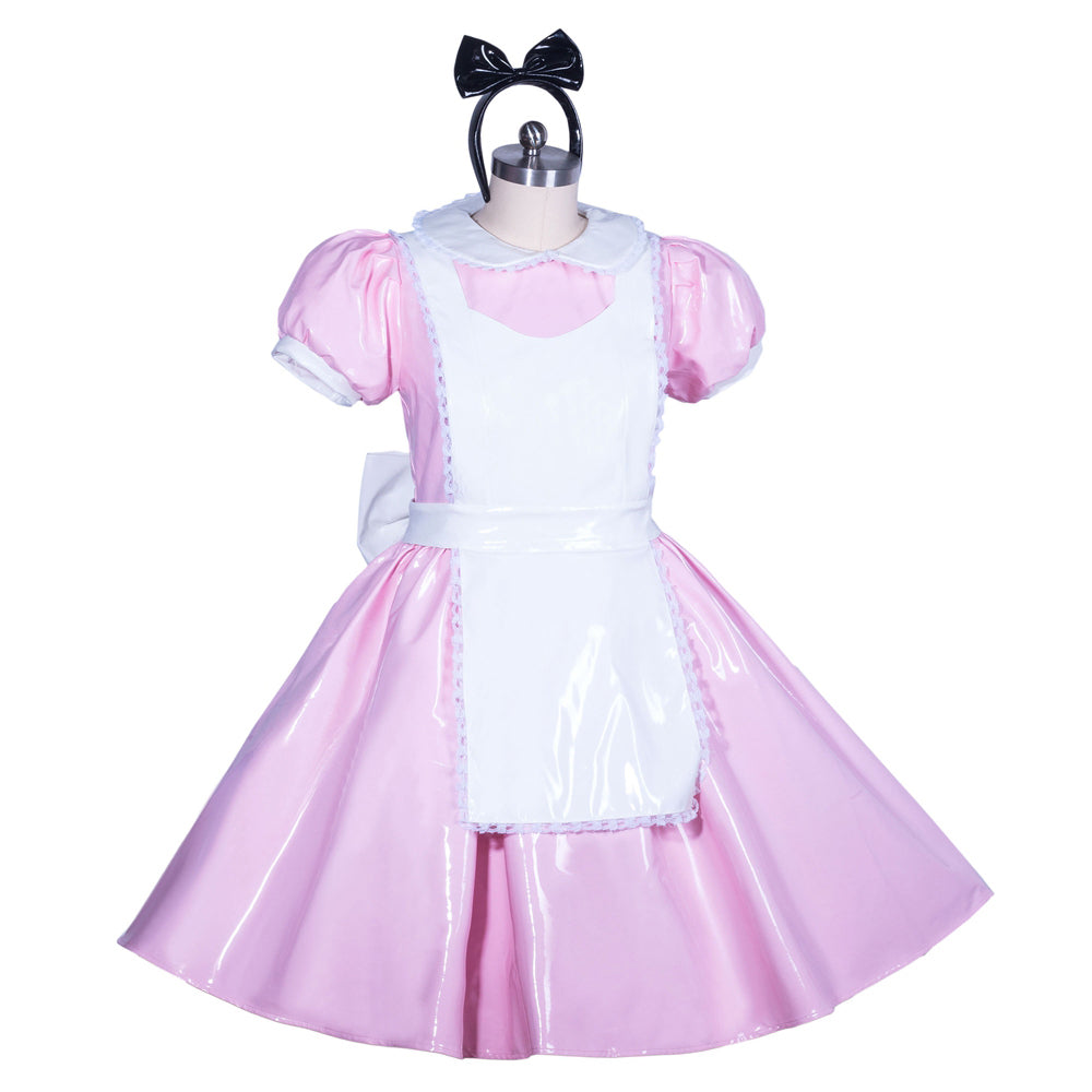 Pink sissy maid dress with white apron and black bow headband, featuring glossy PVC material and puffed sleeves.