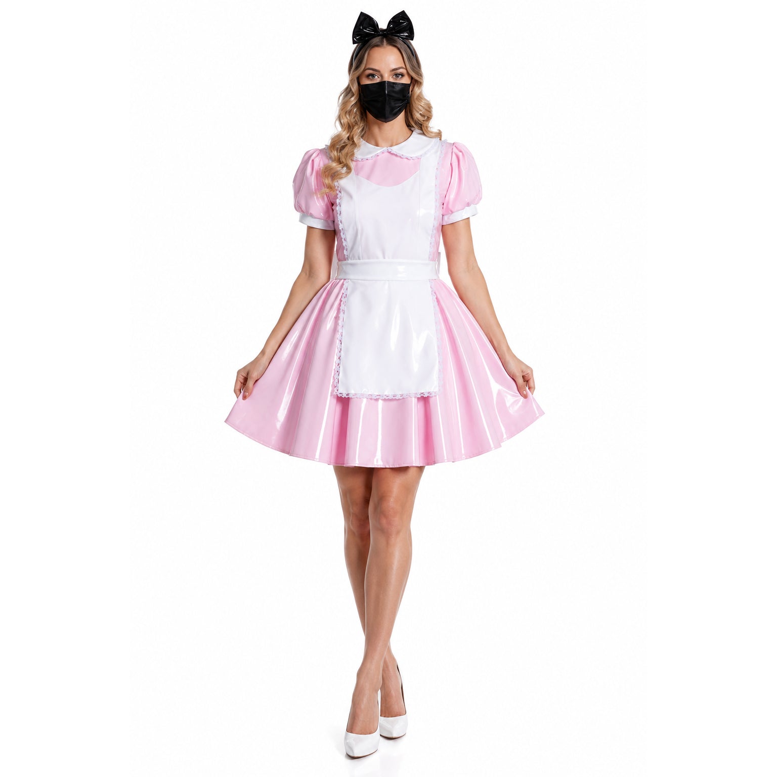 Pink PVC sissy maid dress with white apron, bow headband, and heels