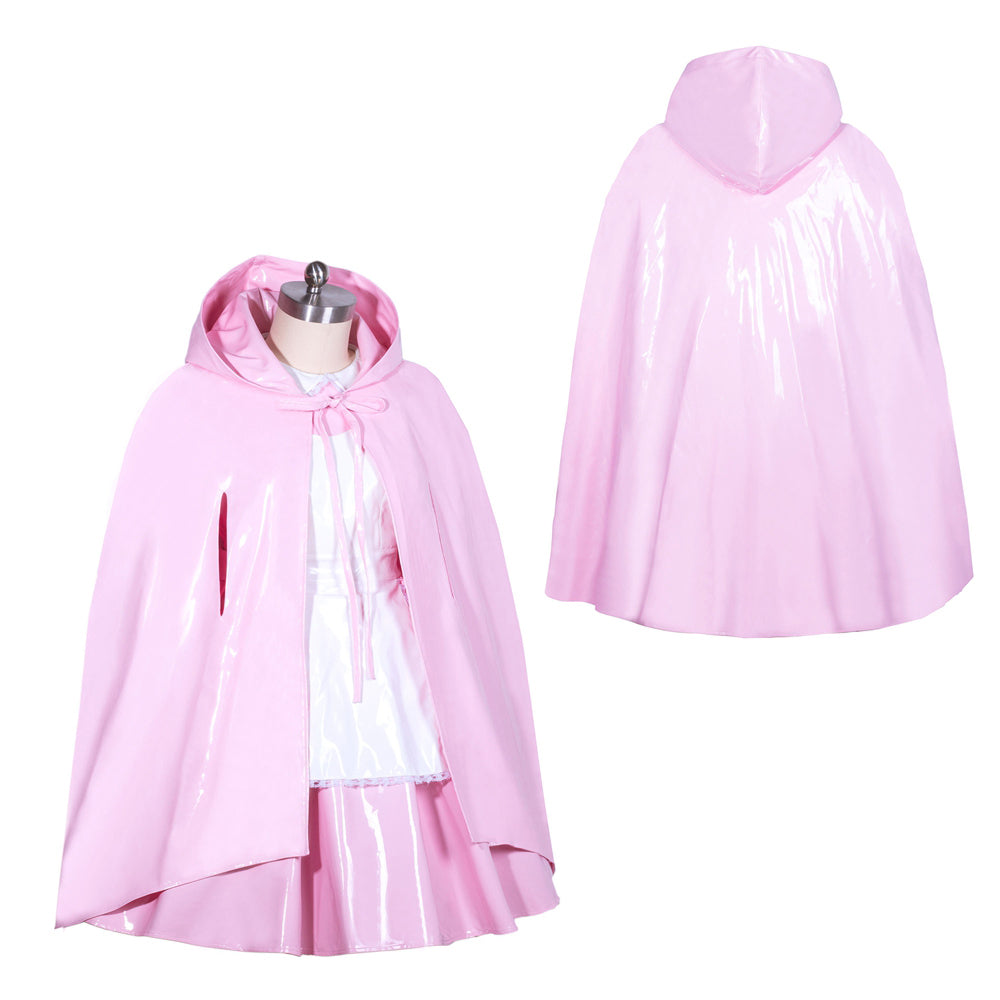 Pink PVC hooded cape for sissy maid dress costume, glossy finish, front and back view