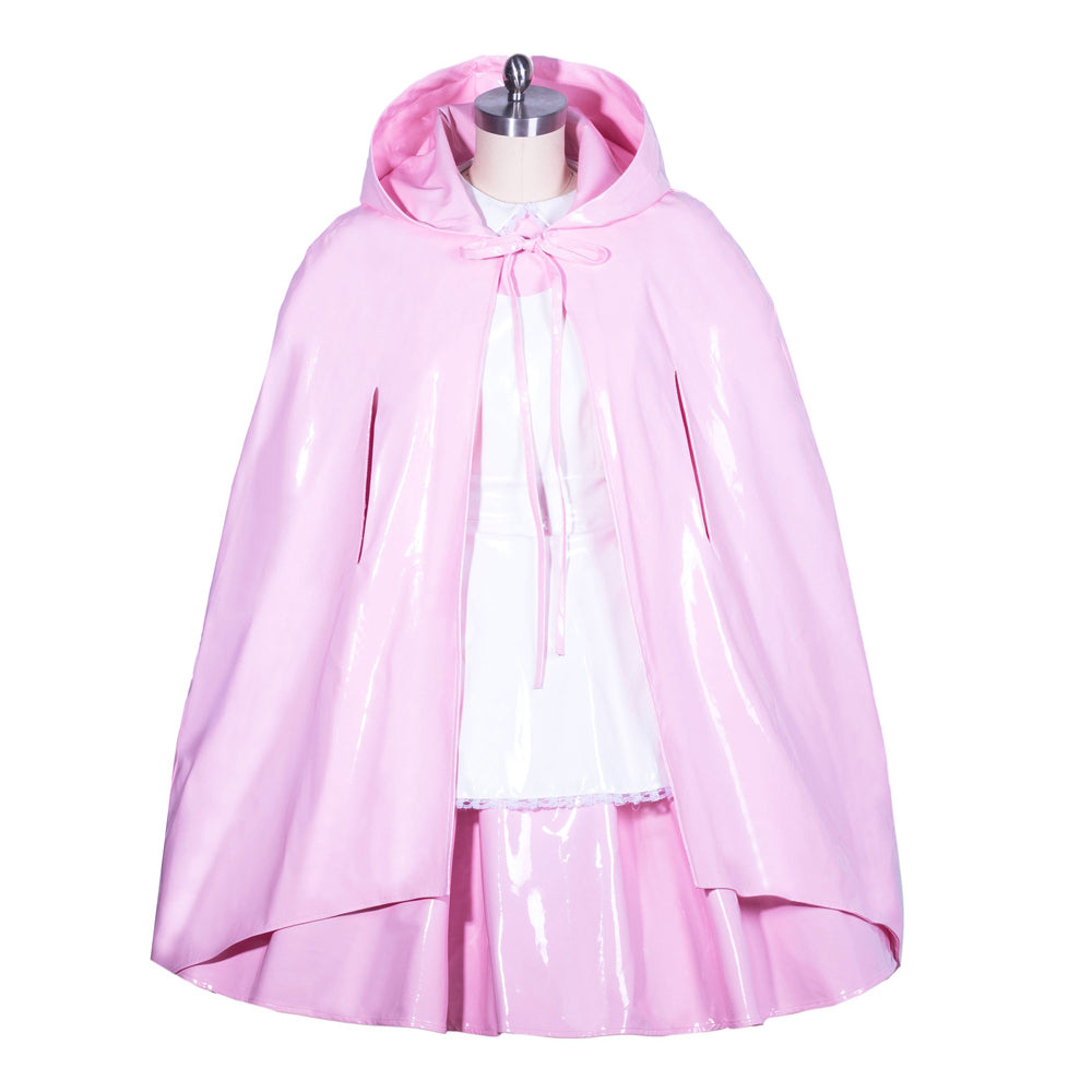 Pink PVC hooded cape over sissy maid dress set with white blouse and lace trim