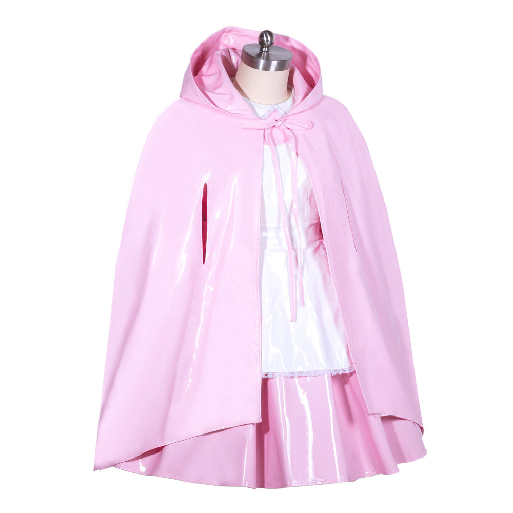 Pink PVC sissy maid dress with hooded cape, white blouse, and lace trim for elegant costume fashion
