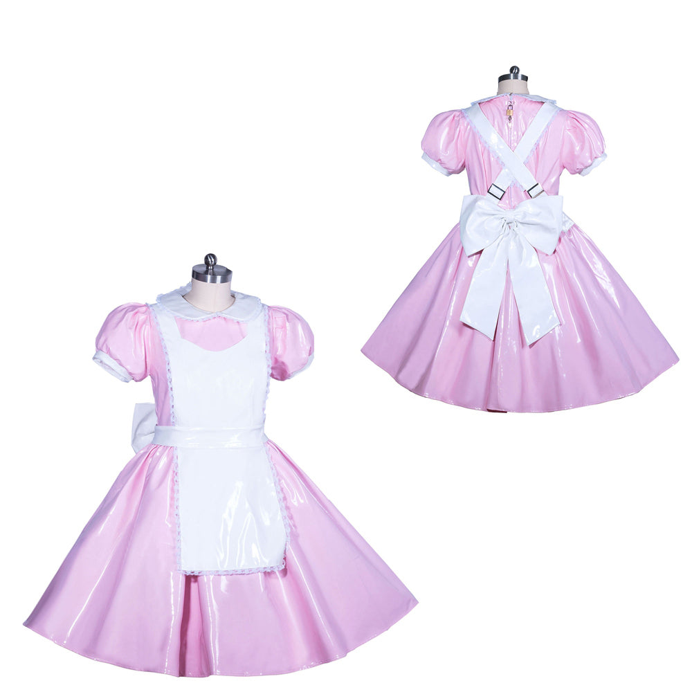 Pink PVC sissy maid dress with white apron, bow, and puffed sleeves, shown front and back
