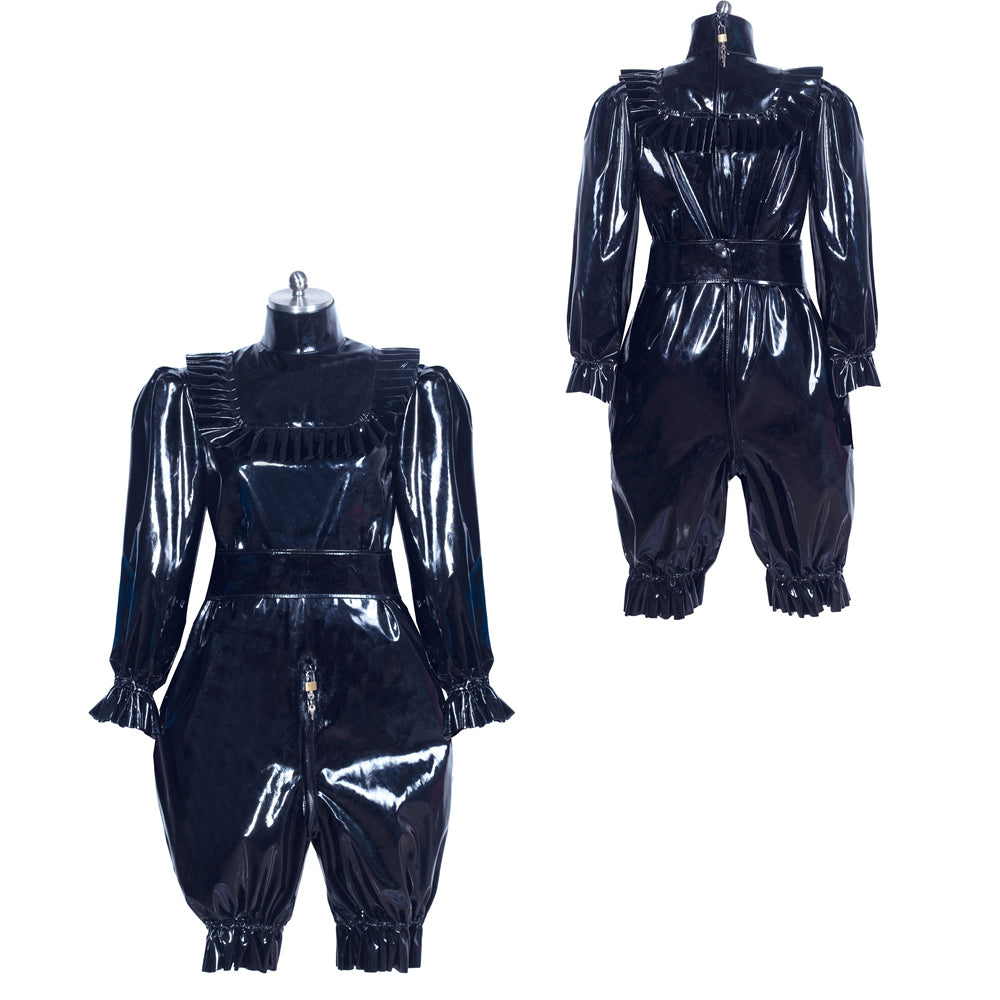 Black PVC sissy maid dress with ruffles, long sleeves, and front zipper, shown front and back on mannequin