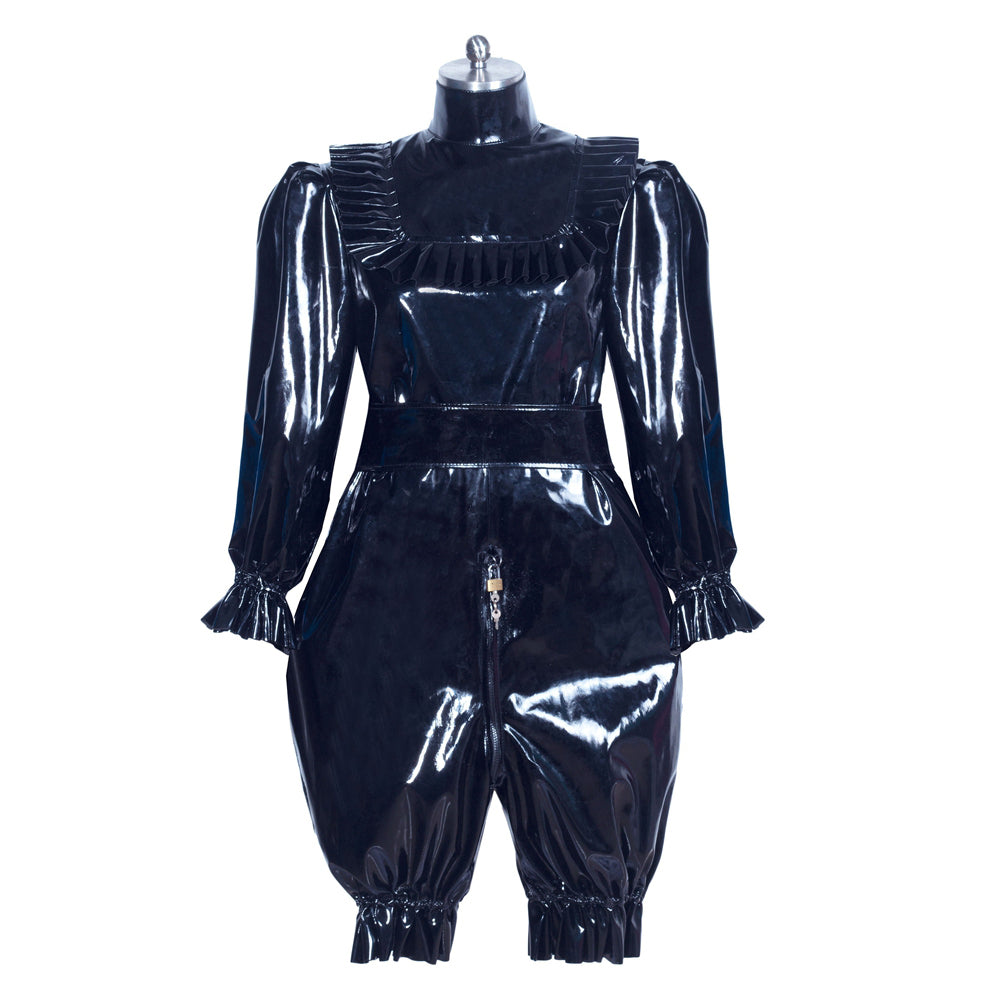 Shiny black sissy maid dress with ruffles and front zipper, displayed on mannequin