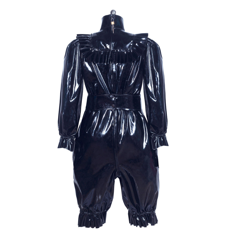 Black PVC sissy maid dress with ruffles and back zipper, elegant and shiny