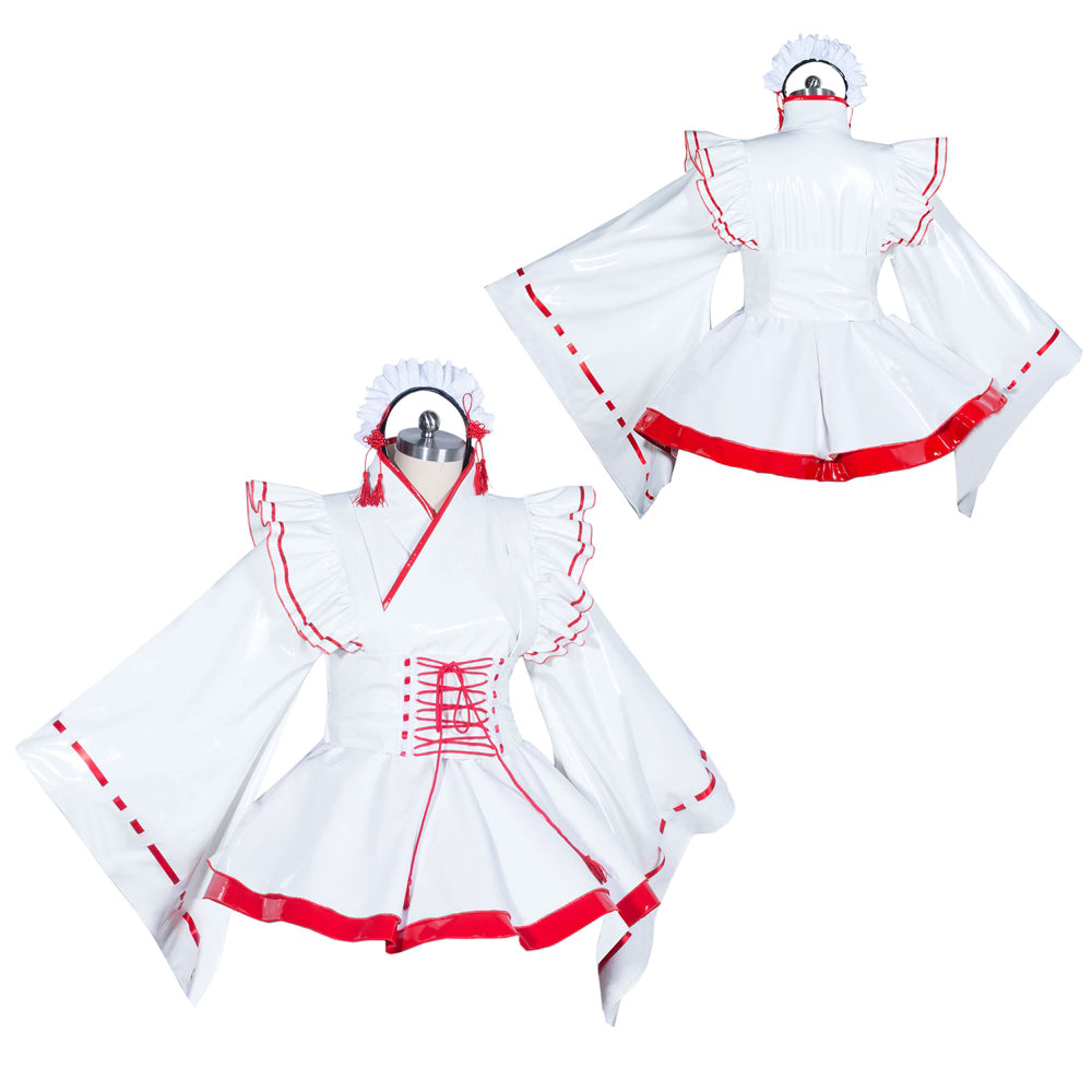 White sissy maid dress with red trim, lace-up front, and ruffled sleeves on mannequin
