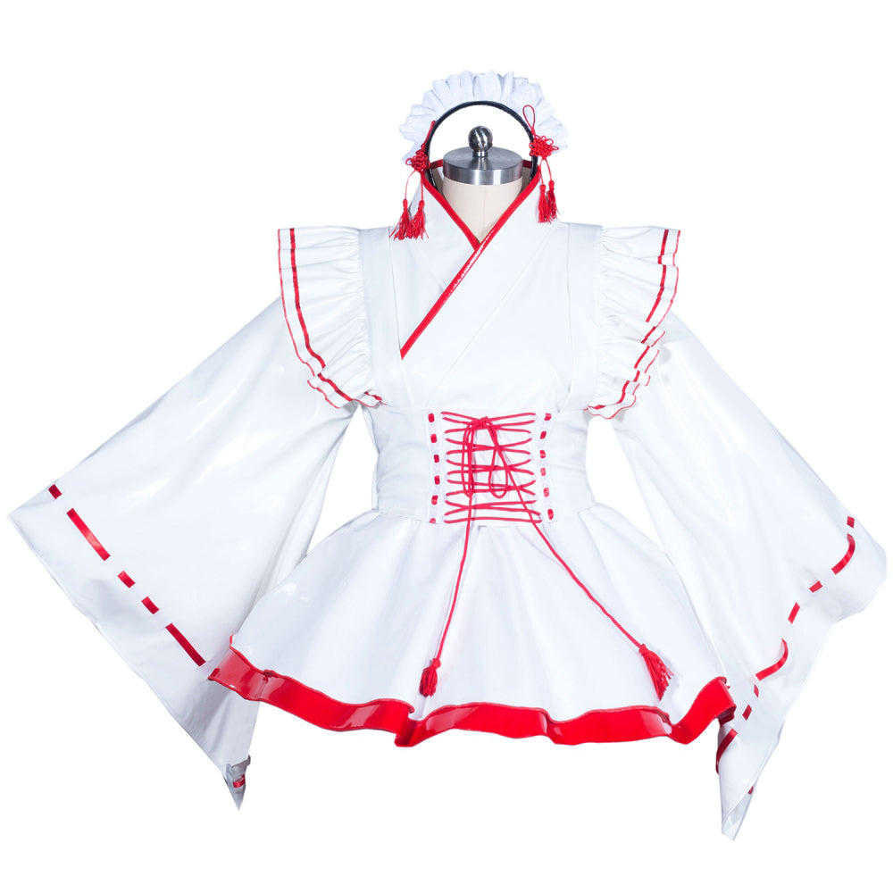 White sissy maid dress with red trim, lace-up corset, and matching headpiece on mannequin
