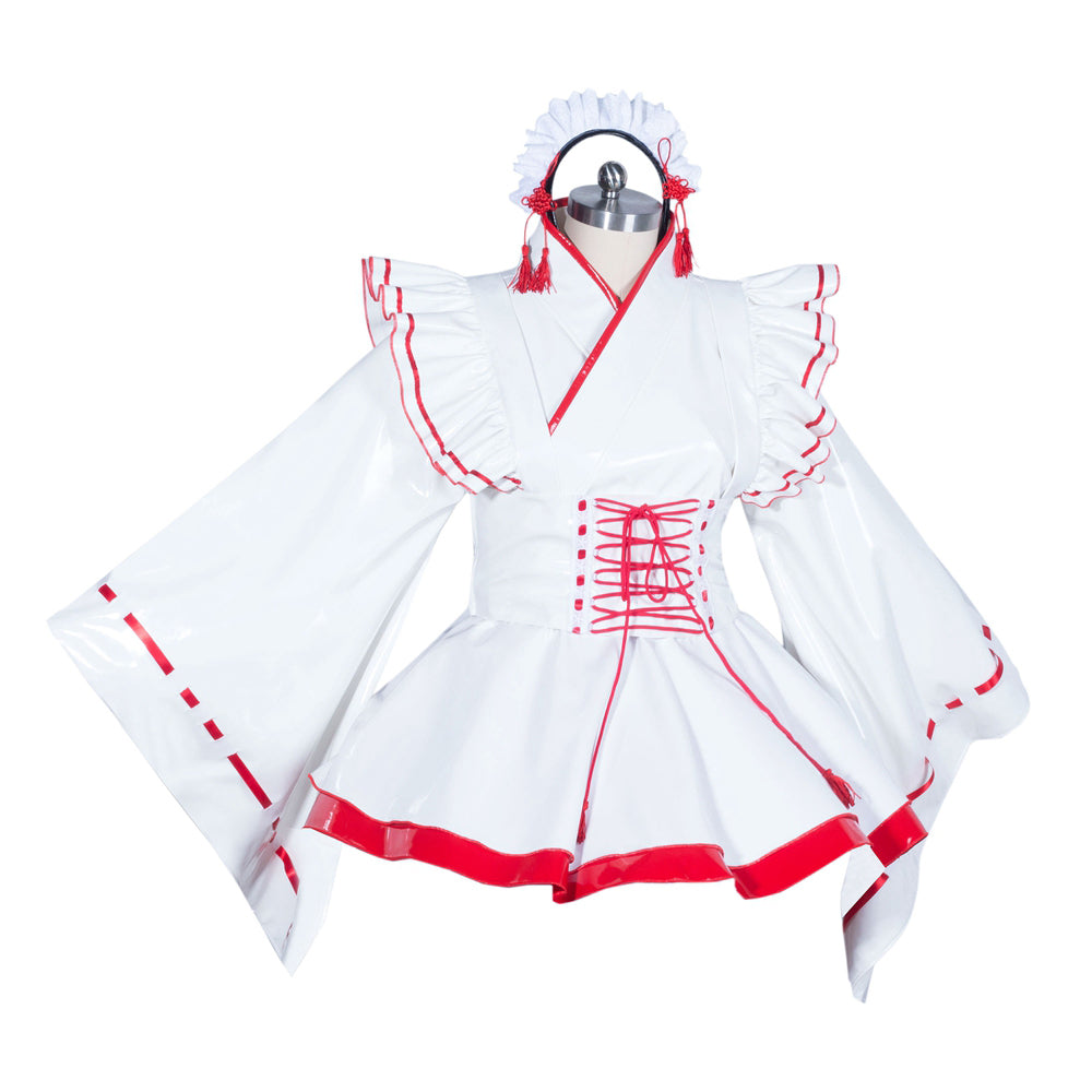 White PVC sissy maid dress with red trim, lace-up corset, ruffled sleeves, and matching headpiece