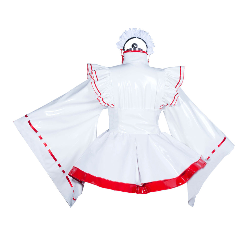White PVC sissy maid dress with red trim, ruffled sleeves, and matching bonnet, back view