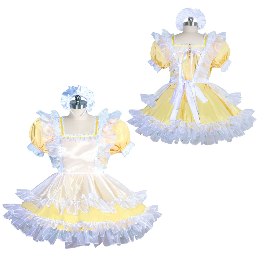 Yellow sissy maid dress with white ruffles, puffy sleeves, and matching bonnet on mannequin