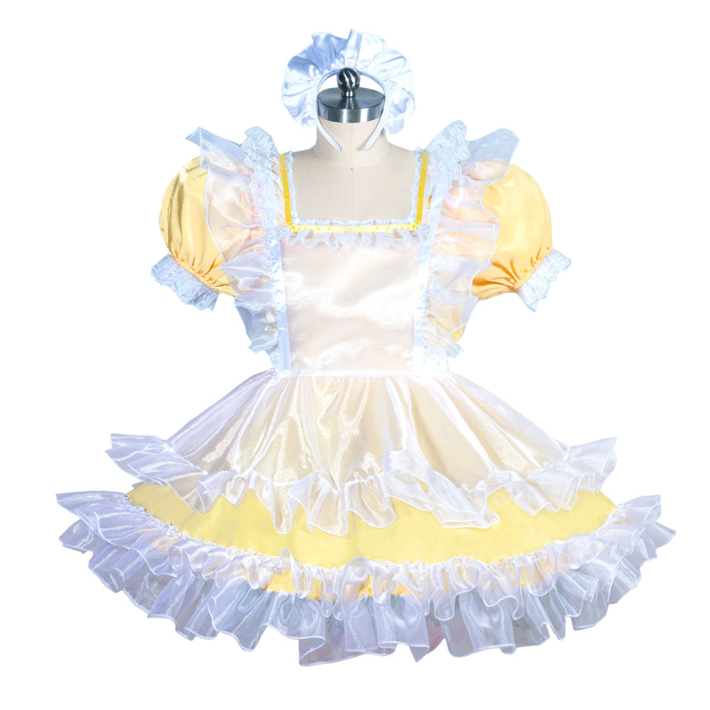 Yellow sissy maid dress with white ruffles, puff sleeves, and matching bonnet on mannequin