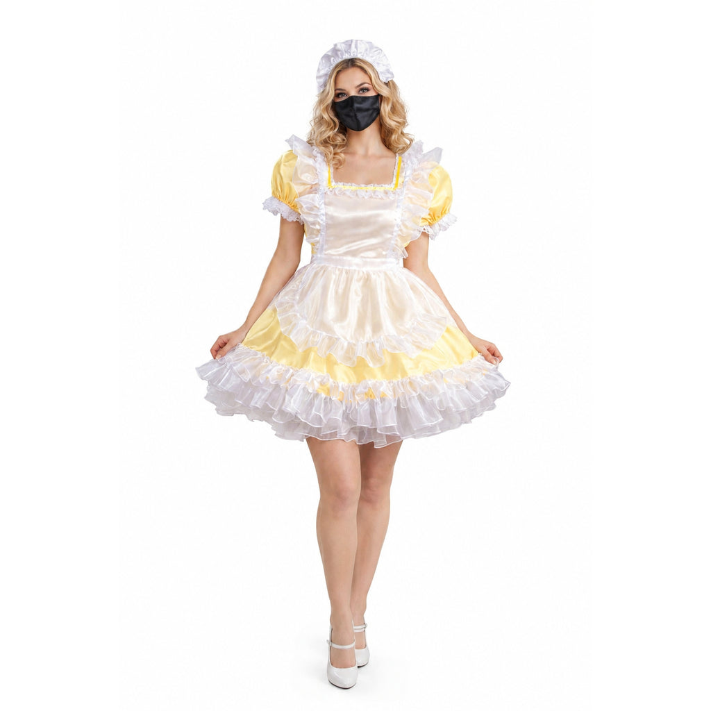 Yellow and white ruffled maid dress with matching cap, styled for costume fashion