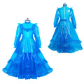 Blue sissy maid dress with ruffles and long sleeves, shown front and back