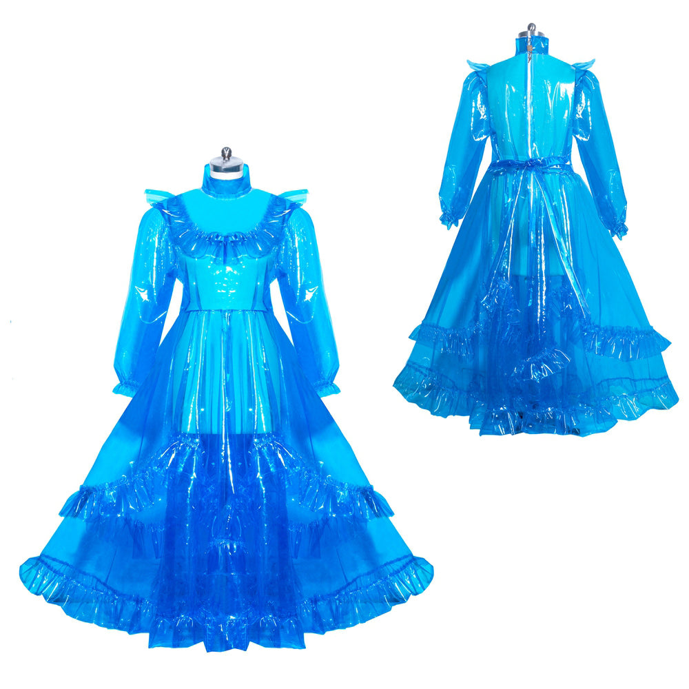 Blue sissy maid dress with ruffles and long sleeves, shown front and back