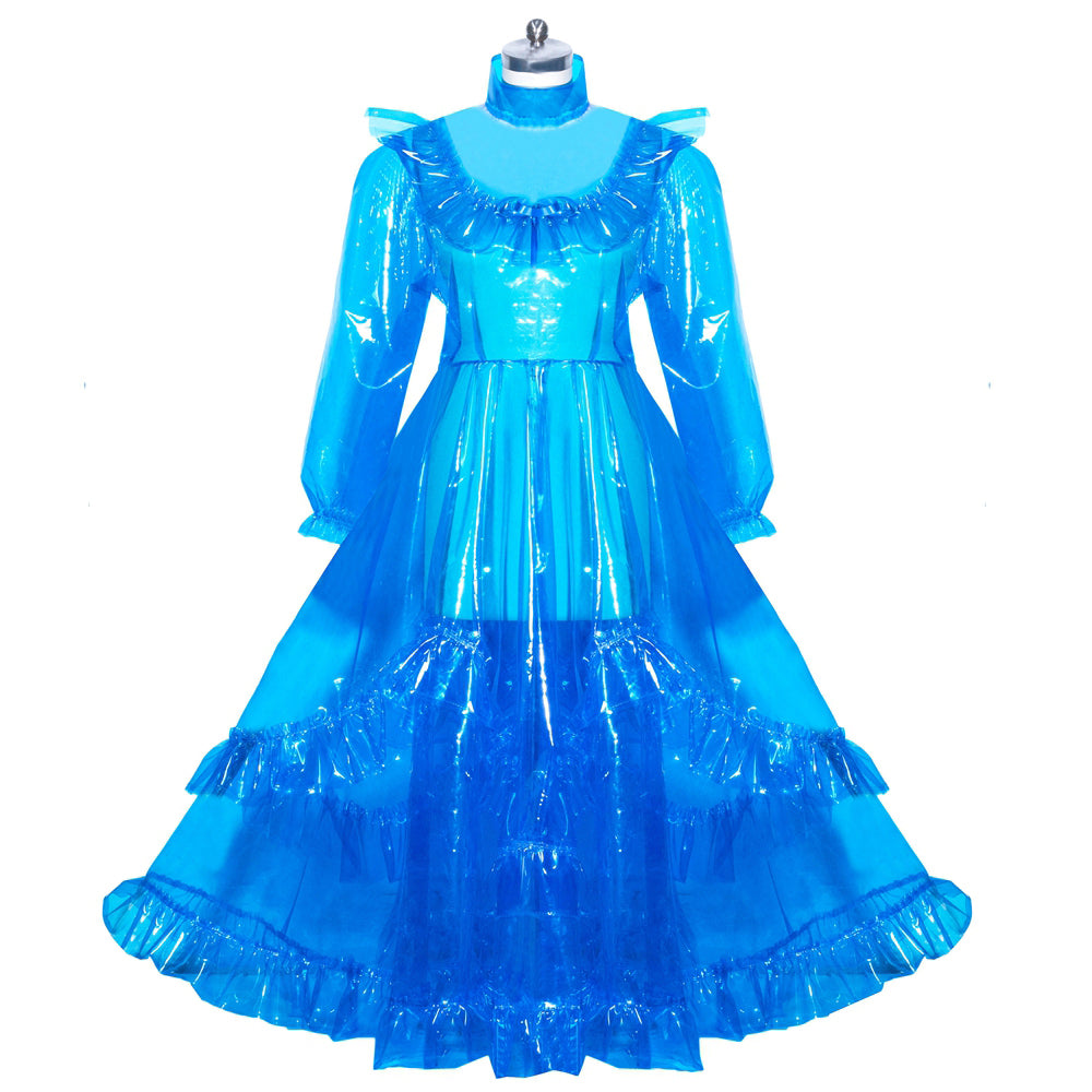 Blue sissy maid dress with ruffles and sheer PVC overlay, elegant costume fashion