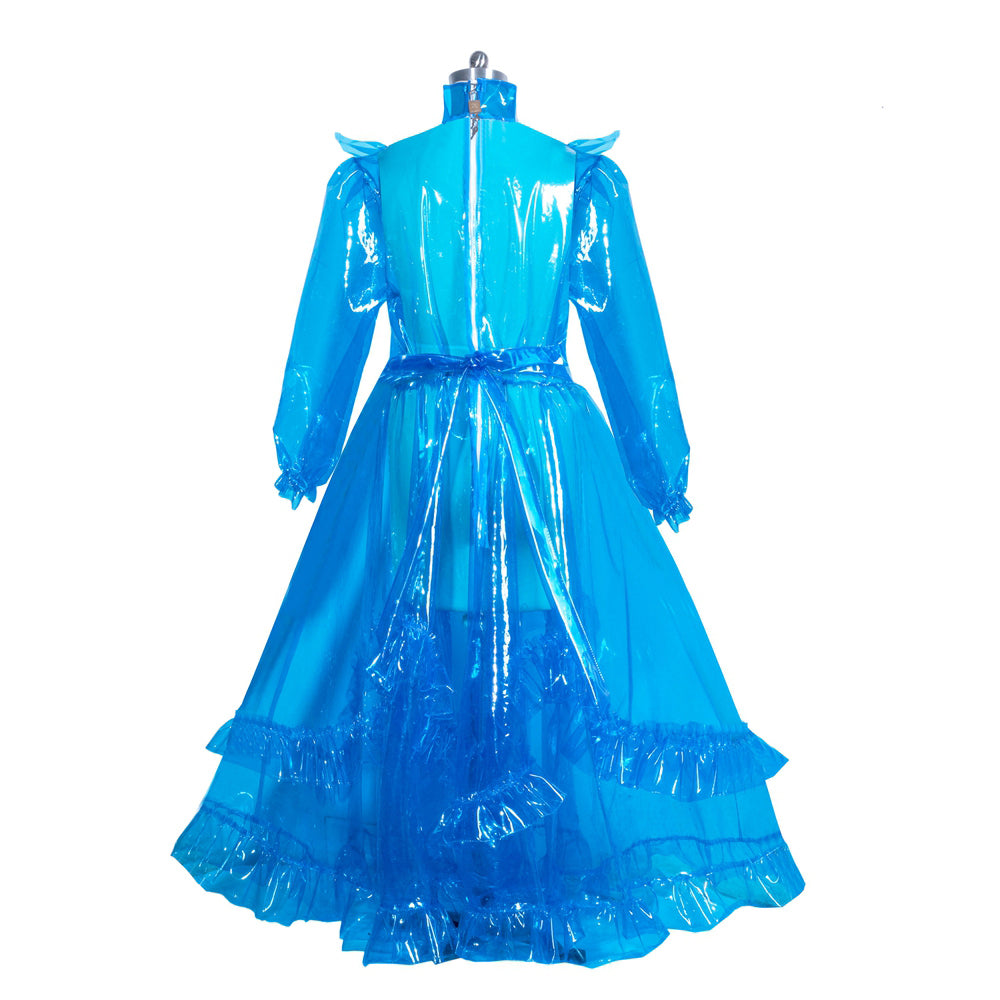 Blue PVC sissy maid dress with ruffles and long sleeves, back view on mannequin
