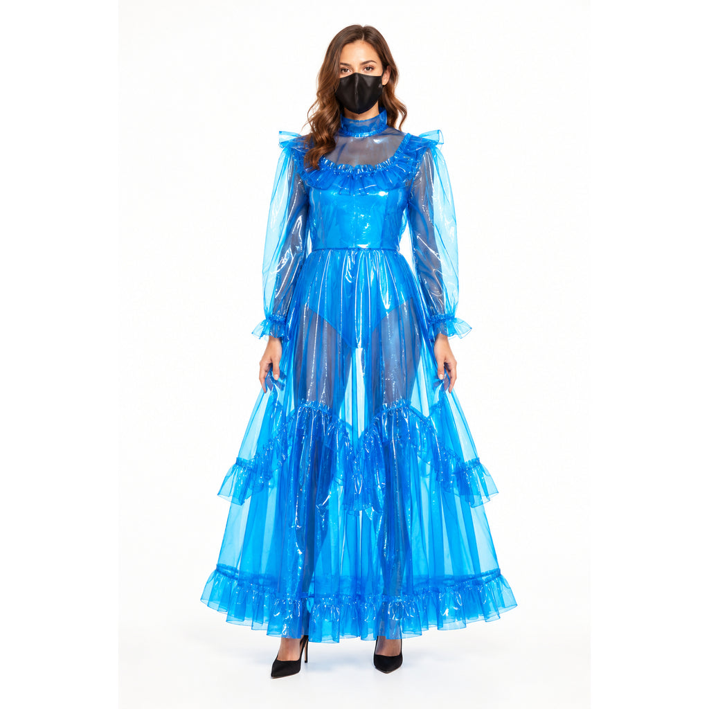 Blue sissy maid dress with sheer ruffled layers and long sleeves, styled for elegant costume fashion.