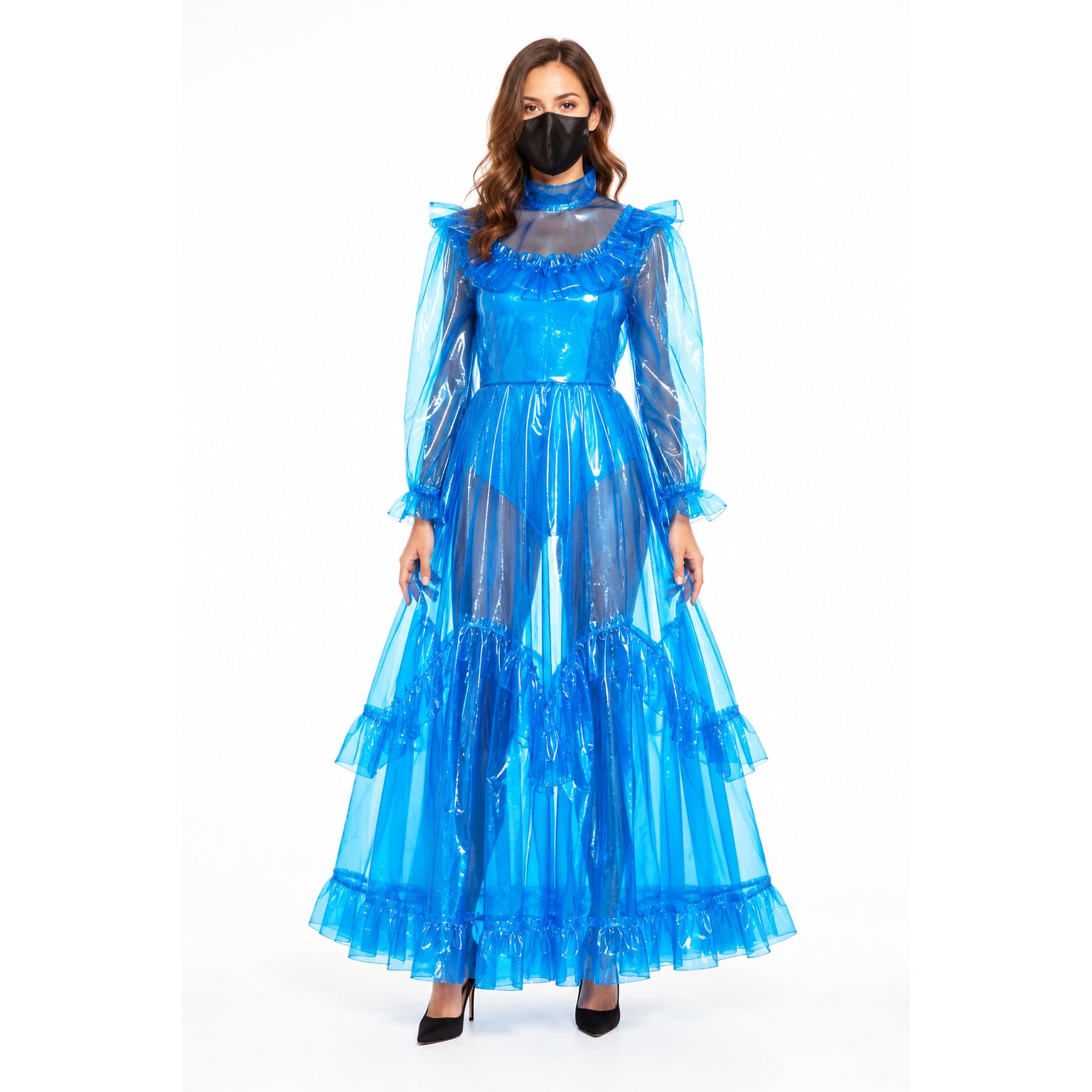 Blue sissy maid dress with sheer ruffled layers and long sleeves, styled for elegant costume fashion.