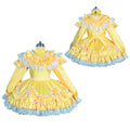 Yellow sissy maid dress with lace ruffles and satin finish, front and back view